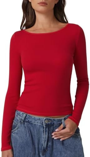 QINSEN Women's Long Sleeve T Shirts Crewneck Tight Fitted Rib Knit Y2k Casual Tee Tops | Amazon (US)