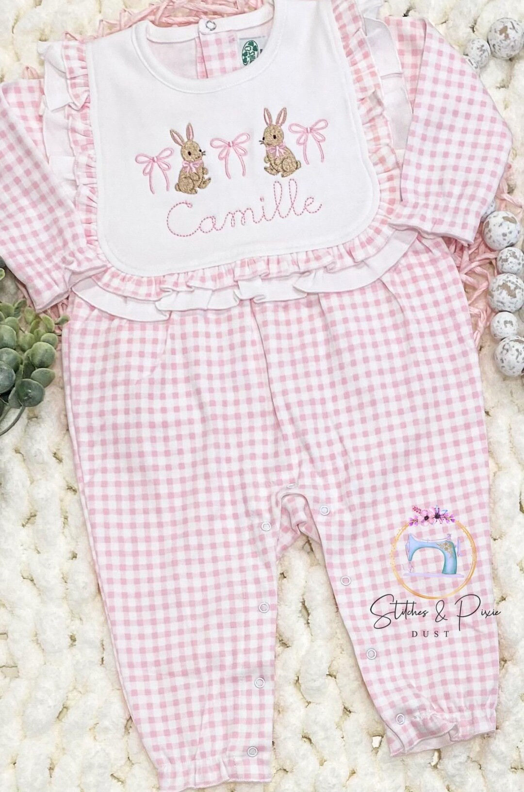Baby Girl First Easter Outfit/monogrammed Personalized Footie/bunnies With Flowers/baby Shower Gi... | Etsy (US)