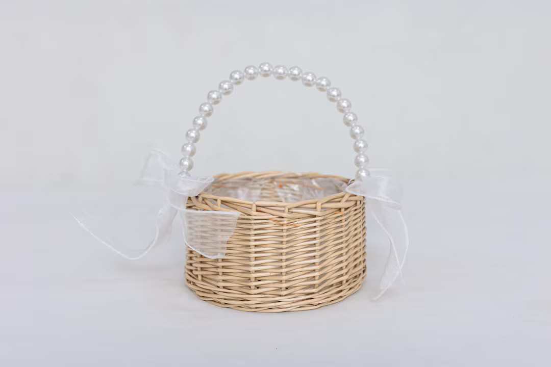 Elegant Wicker Flower Girl Basket: Faux Pearl Handle, Organza Bows - Etsy | Etsy (US)