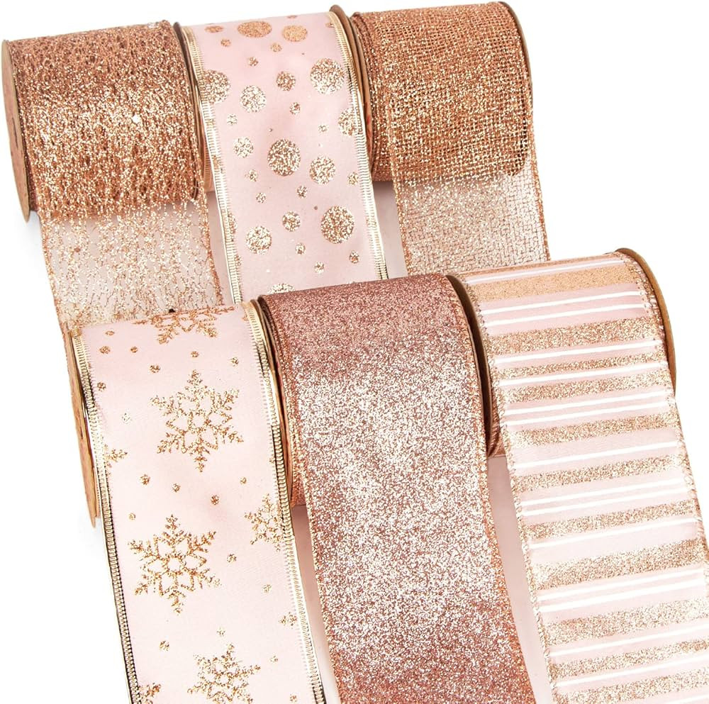 Ribbli Rose Gold Glitter Christmas Ribbon for Tree, Crafts, Gift Wrapping, Wreaths, Garland - 2.5... | Amazon (US)