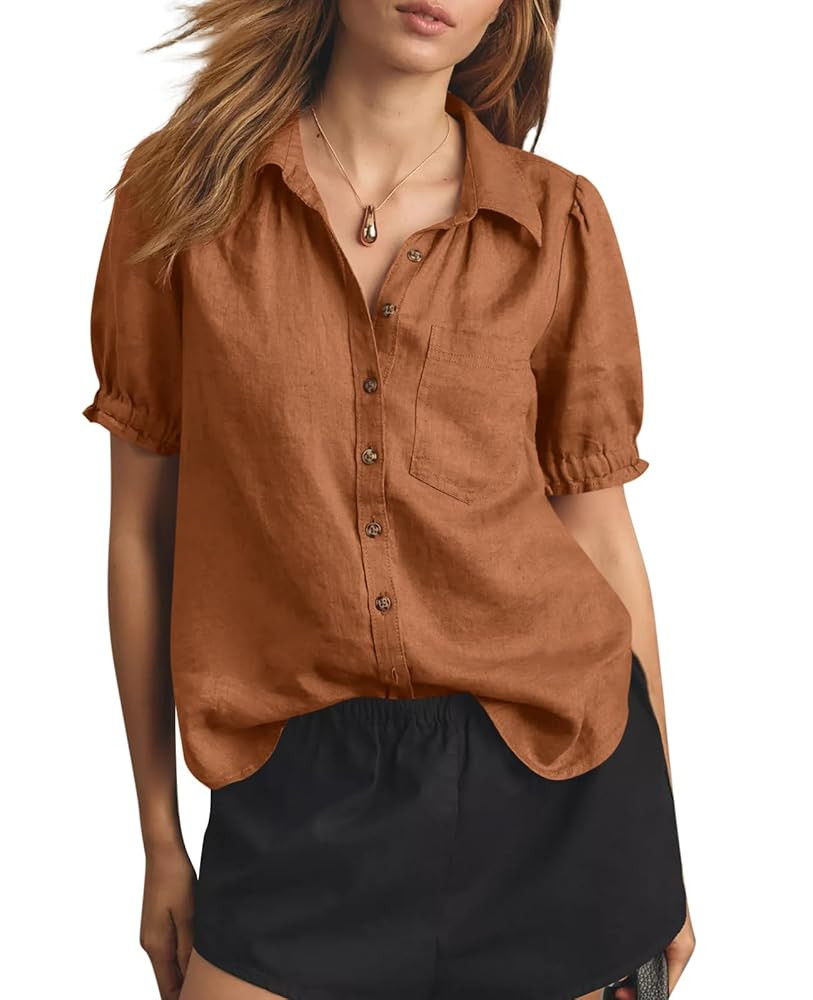 Cicy Bell Womens Puff Short Sleeve Button Down Shirts Summer Casual Collared V Neck Blouse Linen ... | Amazon (US)