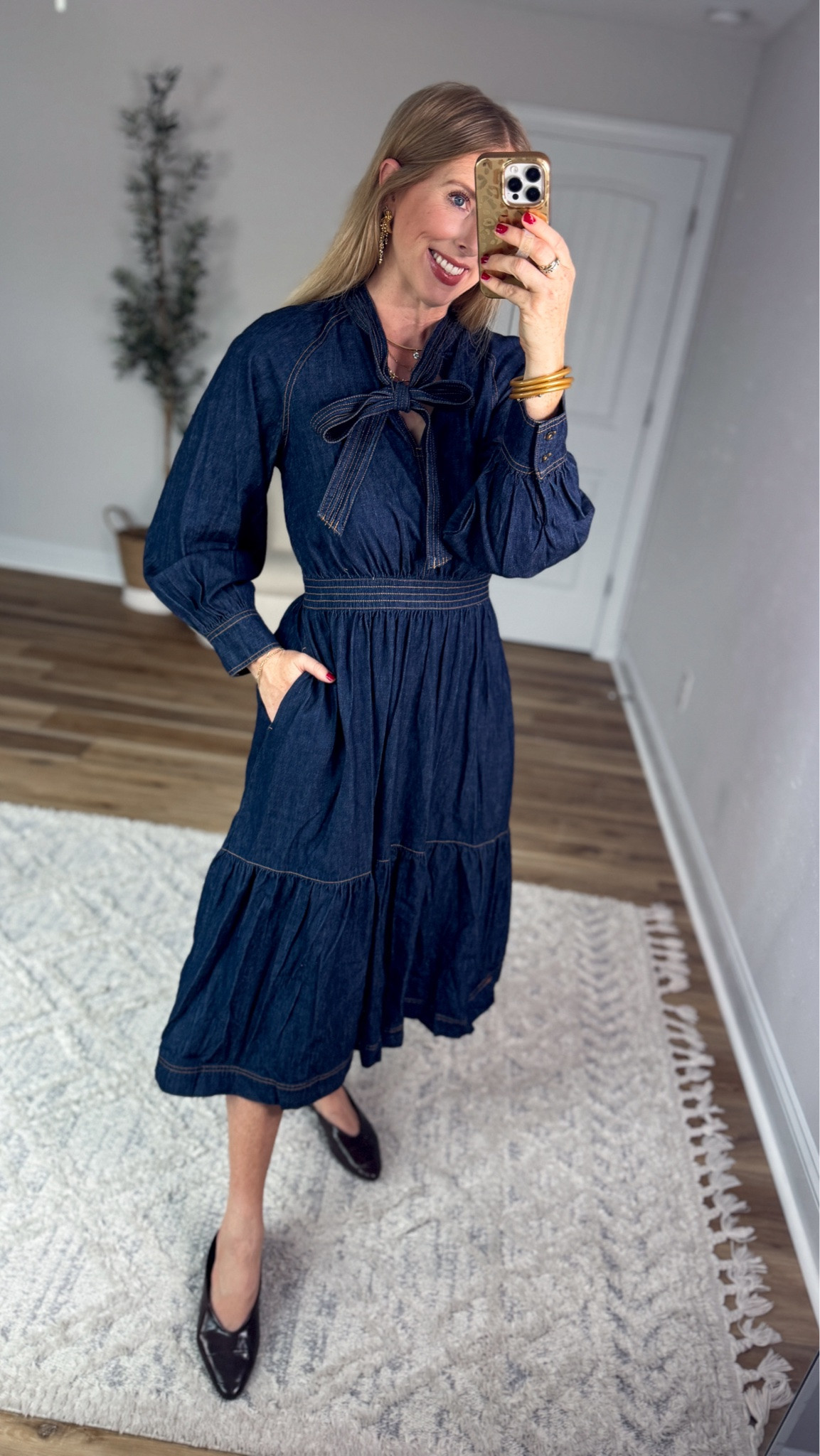 Weekend Walmart Wins try-on
Denim tie neck midi dress- small