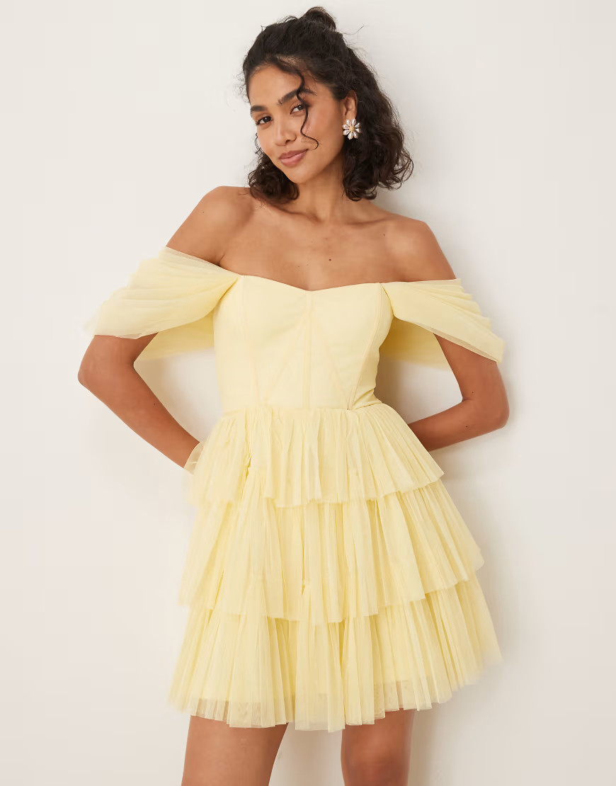 Lace & Beads off shoulder corset tulle mini dress in buttercup-Yellow | ASOS (Global)