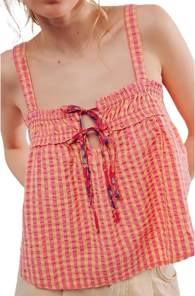 Women Y2K Tie Front Gingham Crop Tank Tops Square Neck Sleeveless Plaid Camisoles Summer Cute Bac... | Amazon (US)