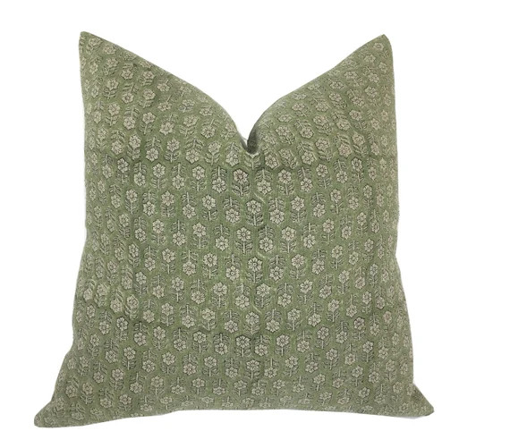 Jada Floral Hand Block Print on Linen Pillow Cover  Green  | Etsy | Etsy (US)