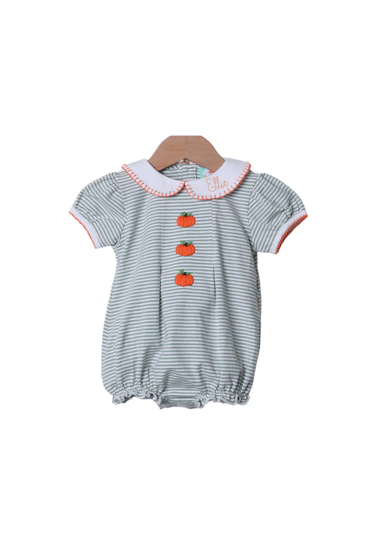 Hand Embroidered Sage Stripe Pumpkin Bubble | The Smocked Flamingo
