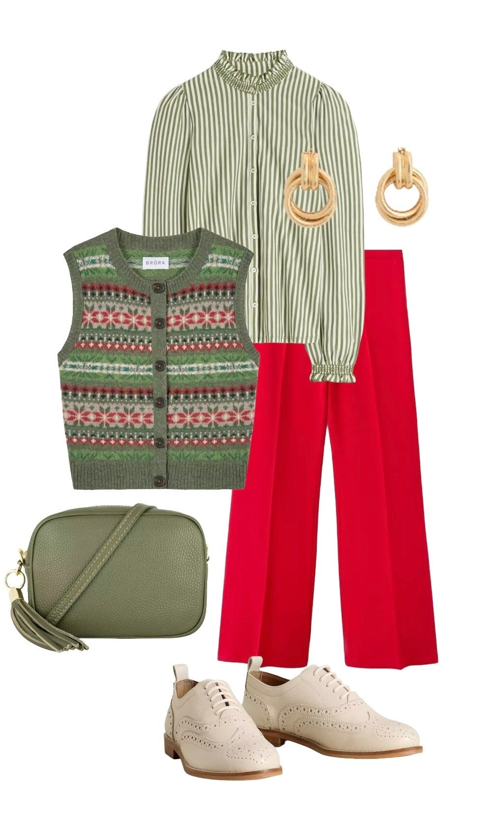 From work to the weekend, this spring daytime outfit featuring a stripe blouse, fair isle knit and red trousers is full of the joys of spring 
❤️🌿❤️🌿

Green Stripe Effie Blouse - Boden at John Lewis 

Green Fair Isle Sleeveless Cardigan / Knitted Waistcoat in Fern - Brora

High Waist Red Wide Leg Trousers - Mango

Green Leather Camera Crossbody Bag - Apatchy London at John Lewis

Ivory / Cream Leather Brogues - White Stuff (currently 20% off)

Gold Twist Hoop Earrings - Boden

#LTKeurope #LTKuk #LTKspring