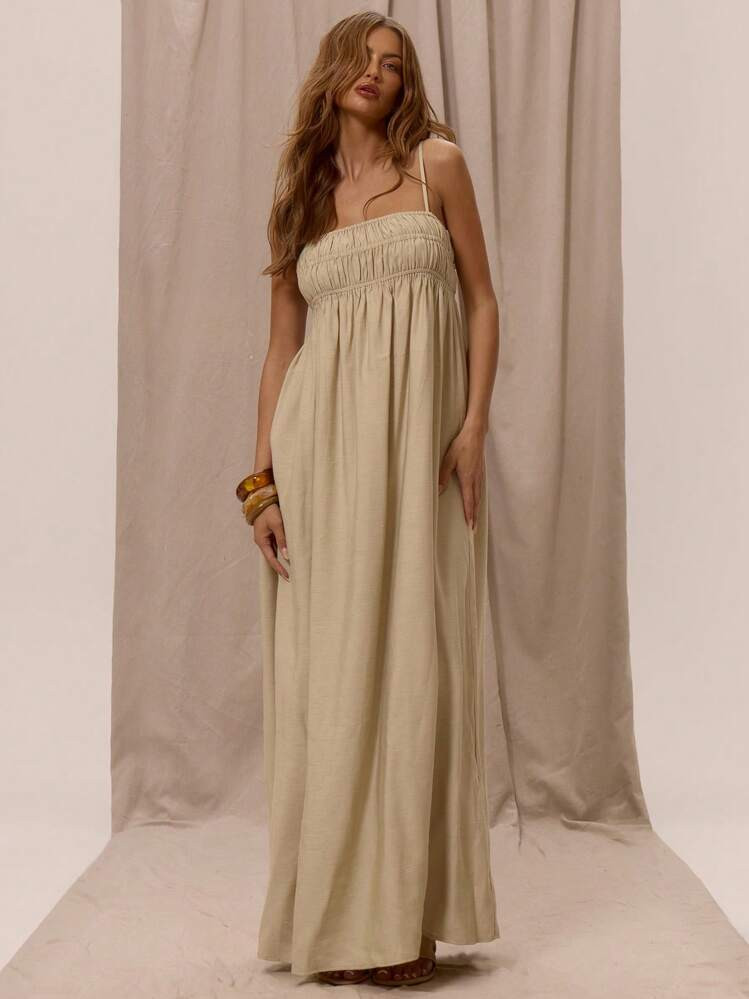 MUSERA Thin Strap Shirred Bust Floaty Elegant Boho Romantic Linen Feel Maxi Dress For Spring Summer Vacation Holiday Beachwear Ibiza | SHEIN