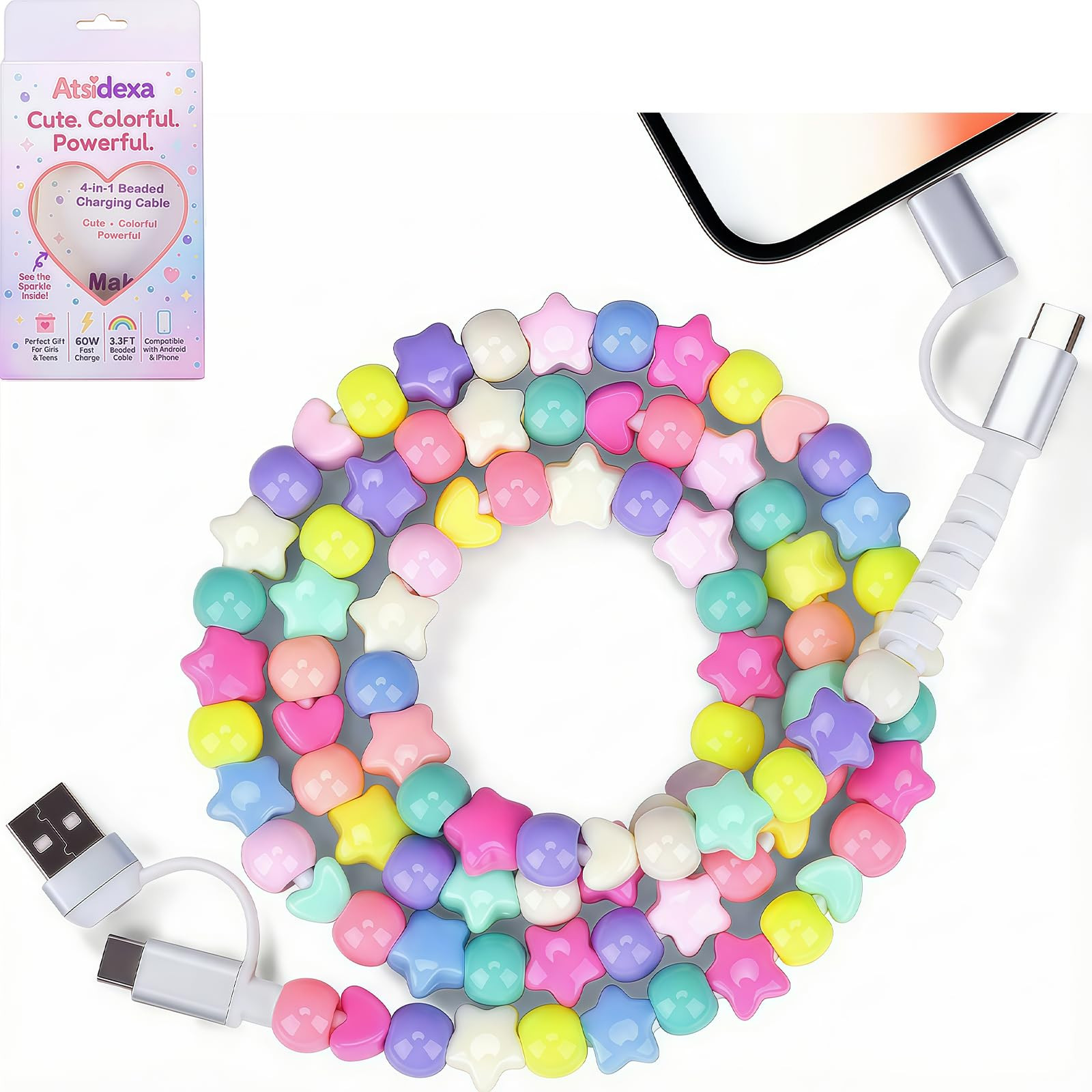4-in-1 Stars Beaded Charging Cable, Metal Design, Nicely Packed, 60W Fast Charging, MFi Certified... | Amazon (US)