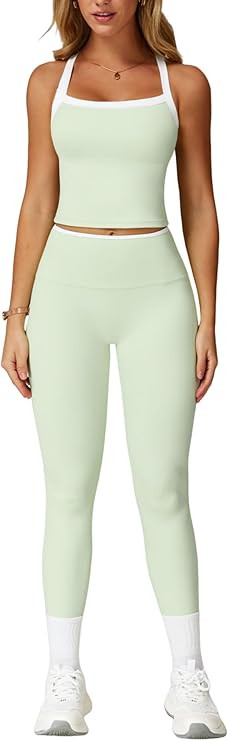 Women 2 Piece Workout Sets Padded Criss Cross Back Crop Tank High Waist Tummy Control Active Legg... | Amazon (US)