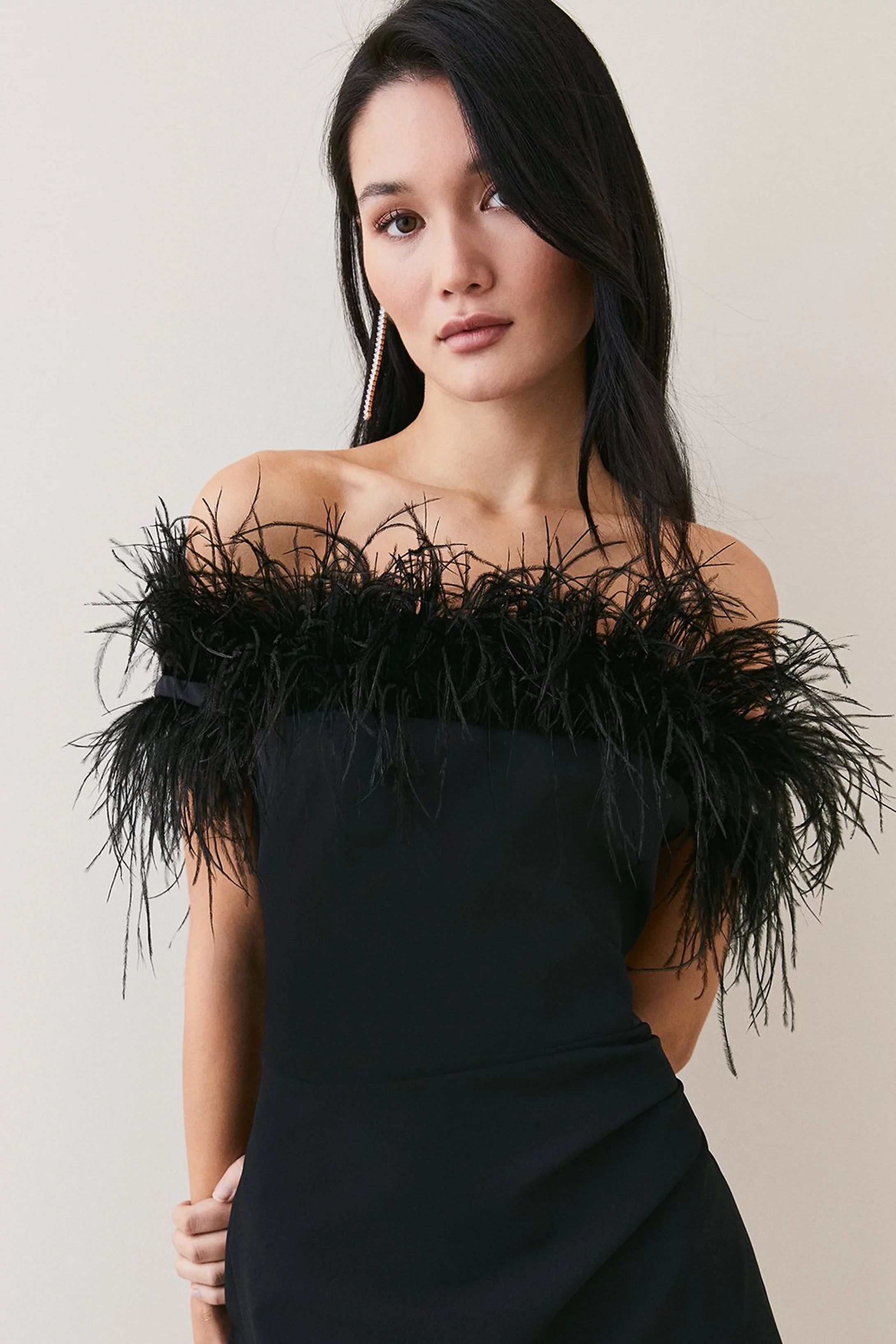 Feather Bardot Stretch Crepe Maxi Dress | Karen Millen US