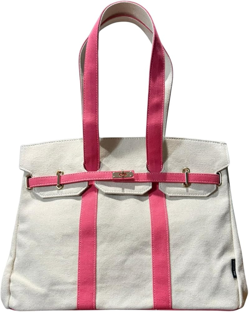 Dallas Hill Coastal Canvas Tote Bag for Women with Pink Straps, Durable Heavyweight Canvas Should... | Amazon (US)