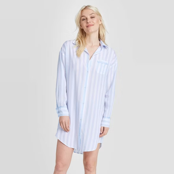 Women's Striped Simply Cool Button-Up Sleep Shirt - Stars Above™ Sky Blue | Target