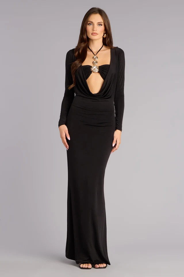 Golden Spotlight Plunge Long Sleeve Maxi Dress | Windsor Stores