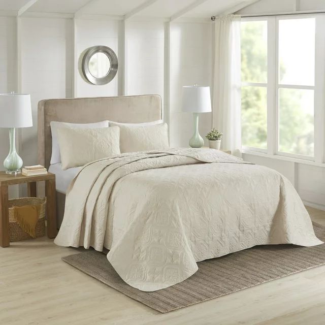 510 Design Glen 3 Piece Reversible Damask Bedspread Set, Full/Queen, Cream | Walmart (US)