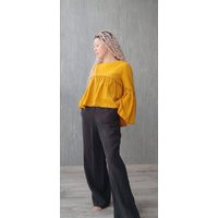 Mustard Top With Ruffles On The Sleeves Bottom Blouse Asymmetrical Wide Long Sleeve Chic T-Shirt Ple | Etsy (US)