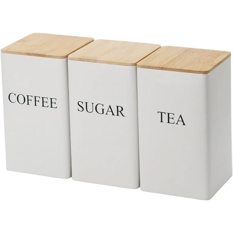 Coffee Tea Sugar Container Set of 3 Iron Tea Coffee Sugar Canister Set with Airtight Bamboo Lid a... | Walmart (US)