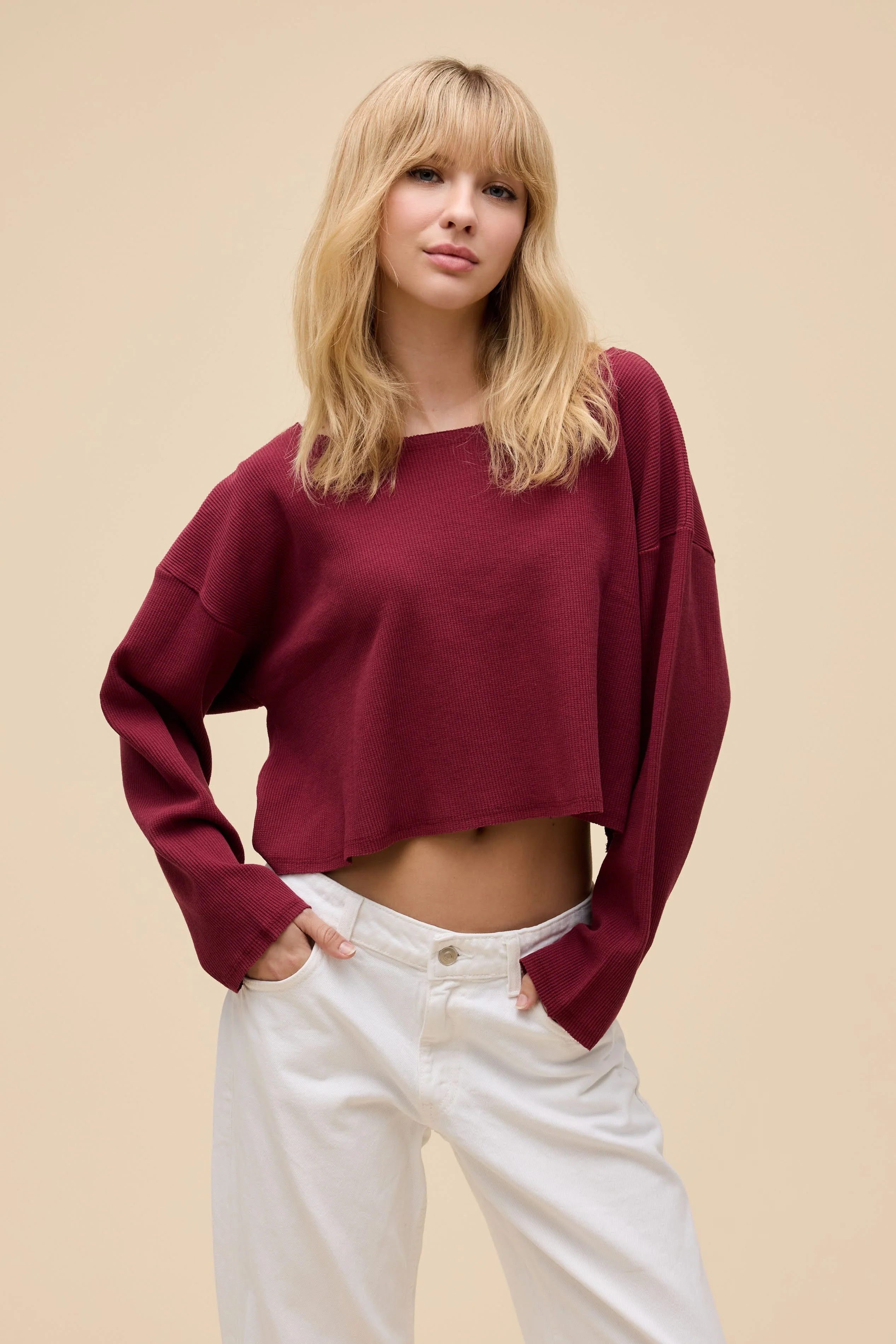 Solid Thermal Boatneck Long Sleeve in Burgundy | 100% Cotton Long Sleeve in Burgundy | Daydreamer