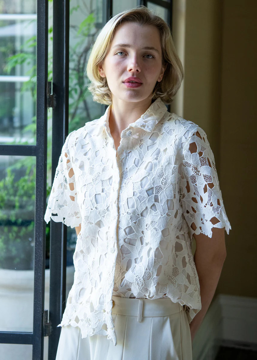 Carla Collared Button Down Short Sleeve Lace Top - Cream | Benaar La