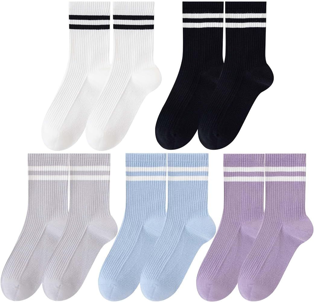 5 Pairs Solid Color Two Stripe Crew Socks Casual Athletic Socks for women Girls | Amazon (US)