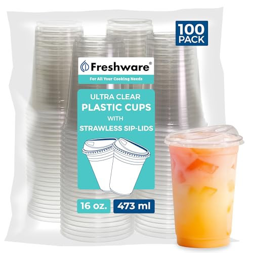 Freshware Clear Plastic Cups with Strawless Sip Lids [100 Cups - 16 oz] Disposable Cup for Iced Coffee, Smoothie, Milkshake, Cold Drinks | Amazon (US)