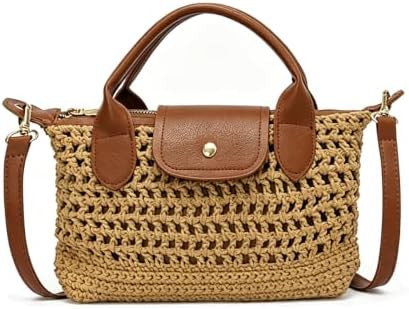 Crochet Tote Bag for Women Mini Boho Handbag Leather Trim Crossbody Purse Casual Woven Shoulder S... | Amazon (US)