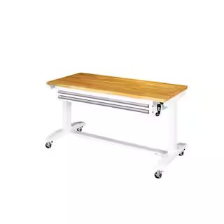 52 in. W x 24 in. D Steel 2-Drawer Adjustable Height Solid Wood Top Workbench Table in White | The Home Depot