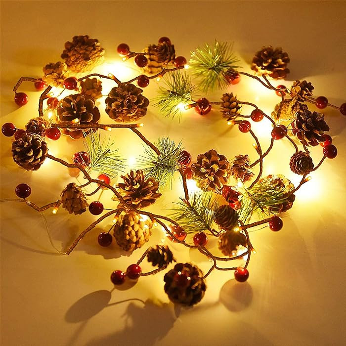 FUNPENY Christmas PineCones String Lights, 6.56Ft 20 LED Pine Needles Red Berries Fall Light Garl... | Amazon (US)