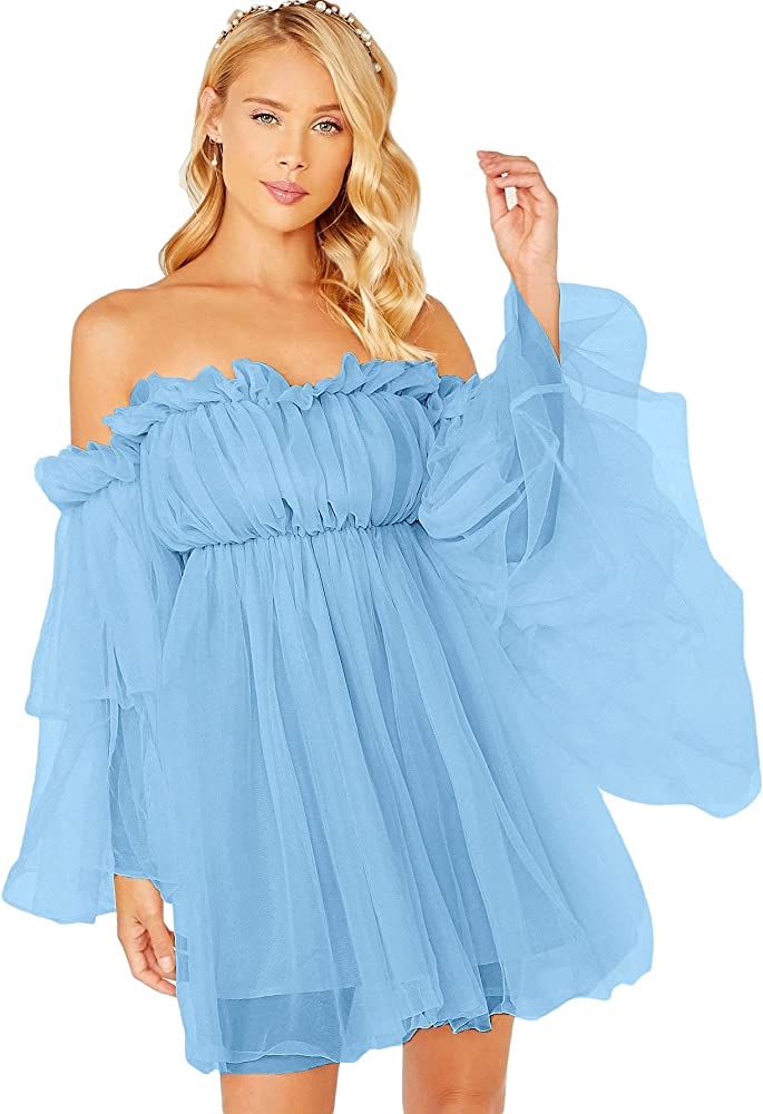 Romwe Women's Romantic Off Shoulder Flounce Long Sleeve Wedding Ruffle Mesh Party Mini Dress | Amazon (US)