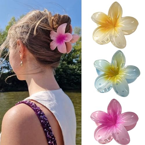 3pcs Frangipani Flower Acrylic Hair Clip for Women Summer Flowers Hair Accessories Yellow Blue Pink Floral Hair Claw Clips Hawaii Hair Barrettes Alligator Clips for Thick Hair and Thick Hair | Amazon (US)