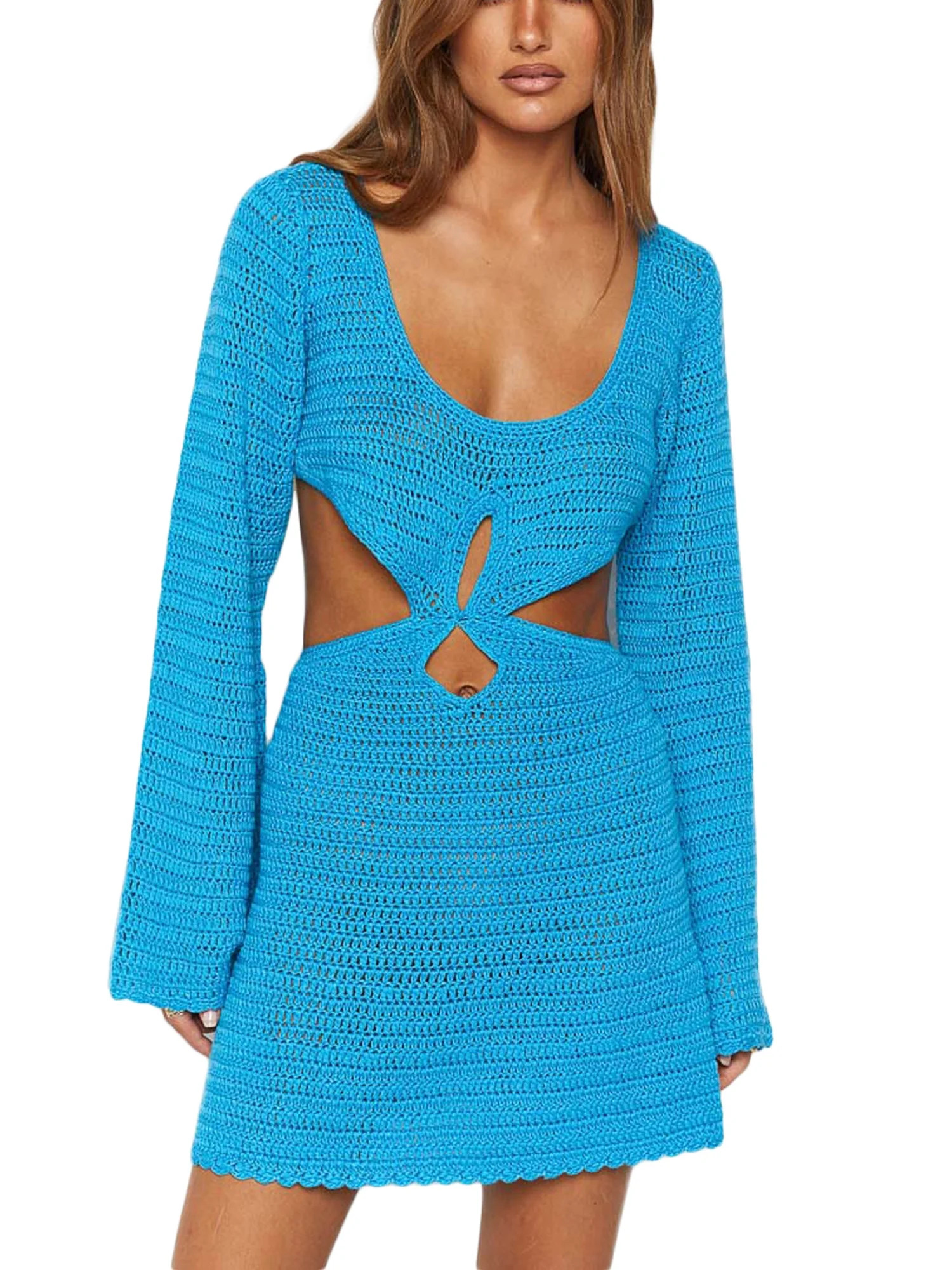 Frobukio Women Hollow Out Crochet Knit Long Sleeve Dress Casual Cutout Backless Party Dress for B... | Walmart (US)