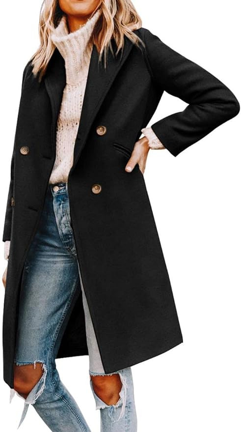 Yousify Womens Notched Lapel Collar Double Breasted Pea Coat Winter Wool Blend Over Coats Long Ja... | Amazon (US)