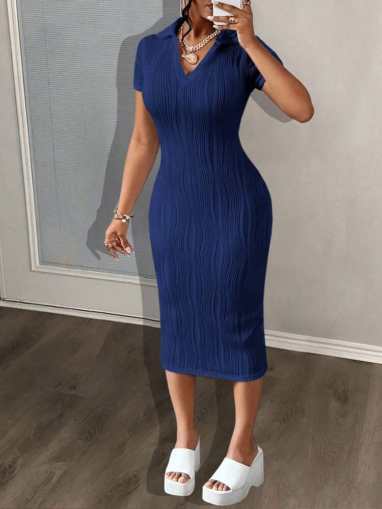 Slaydiva Summer Casual Elegant Simple Basic Model New Lapel V-Neck Short-Sleeved Slim Long Skirt ... | SHEIN