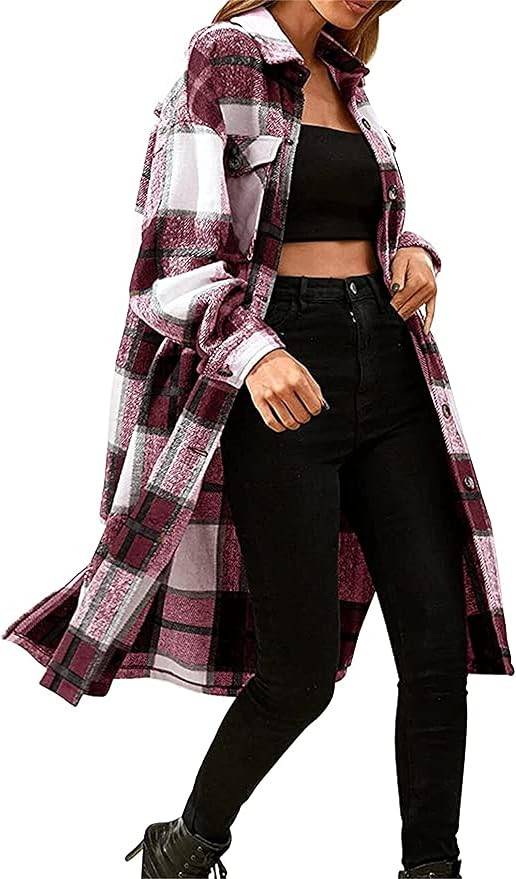 Women 's Casual Plaid Jackets Long Sleeve Lapel Button Down Shacket Fall Tartan Cardigan Overcoat... | Amazon (US)