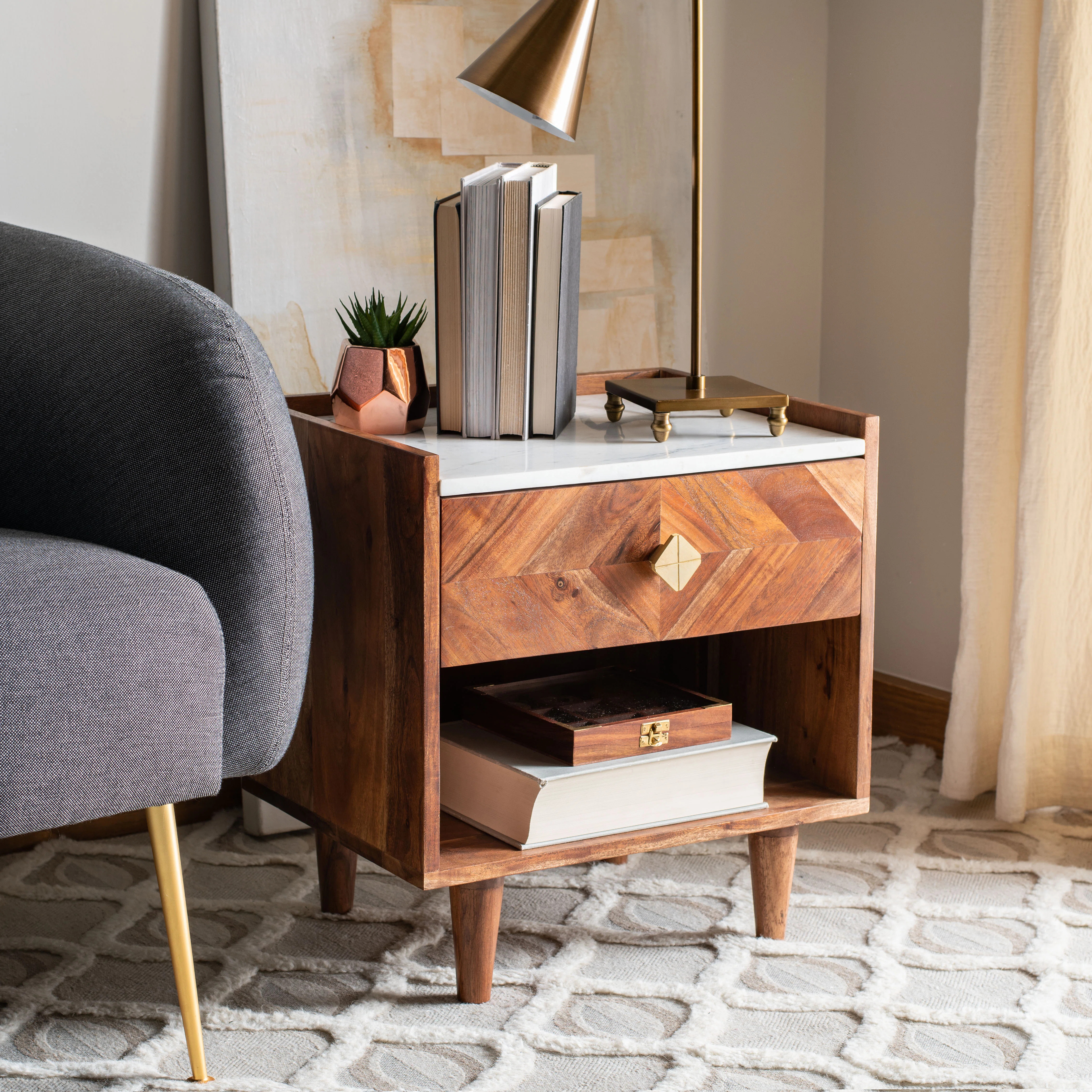 Kerstetter 19'' W Nightstand – Stylish Wood Nightstand with Gold-Finish Hardware & Marble Top D... | Wayfair North America