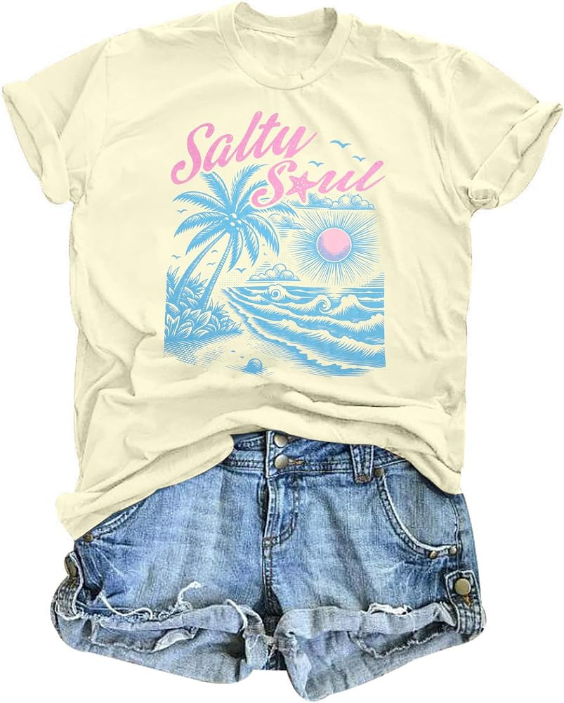 Salty Beach Oversized Shirt Women Hawaiian Beach Shirts Sunshine Graphic Tee Summer Vacation Tees... | Amazon (US)