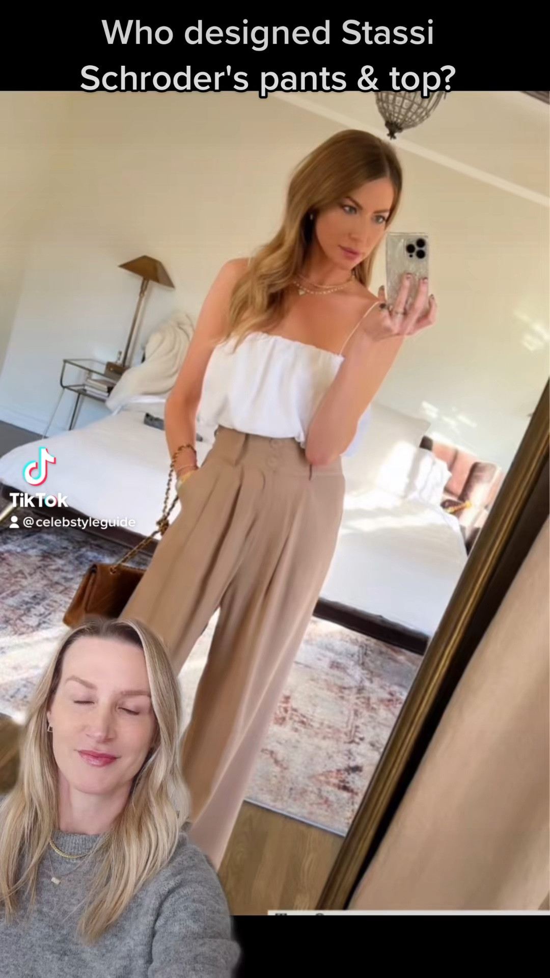 Celebrity style seen on TikTok . Who designed Stassi Schroeder's tan pleated pants and white spaghetti strap top? 

#LTKworkwear #LTKstyletip #LTKFind