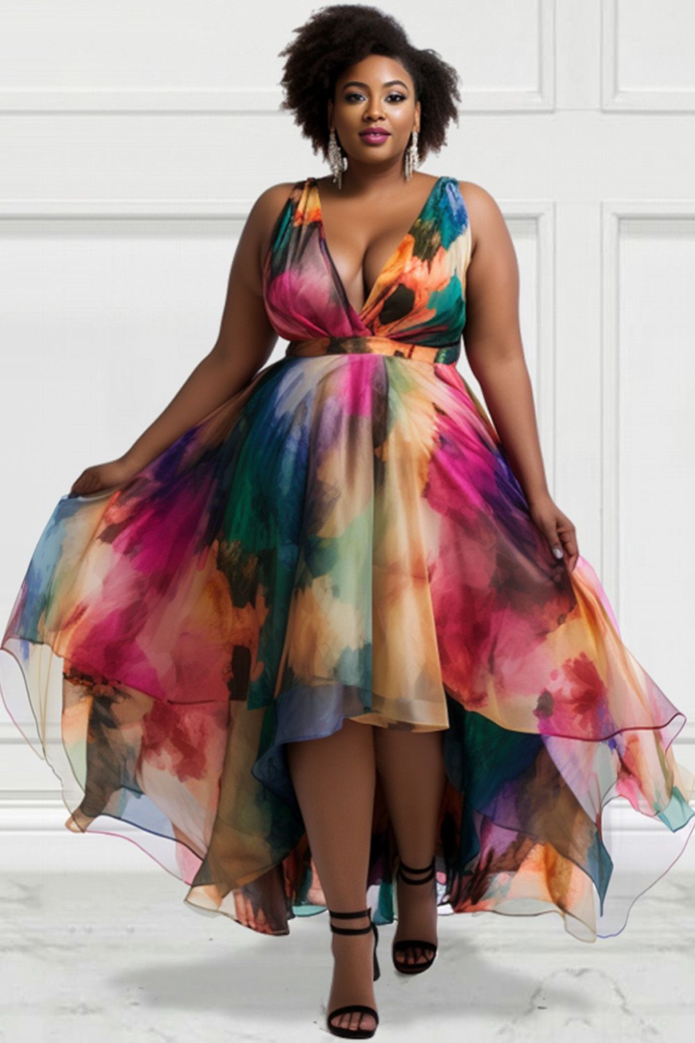 Xpluswear Design Plus Size Party Elegant Multicolor All Over Print V Neck Irregular Hem Organza M... | Xpluswear