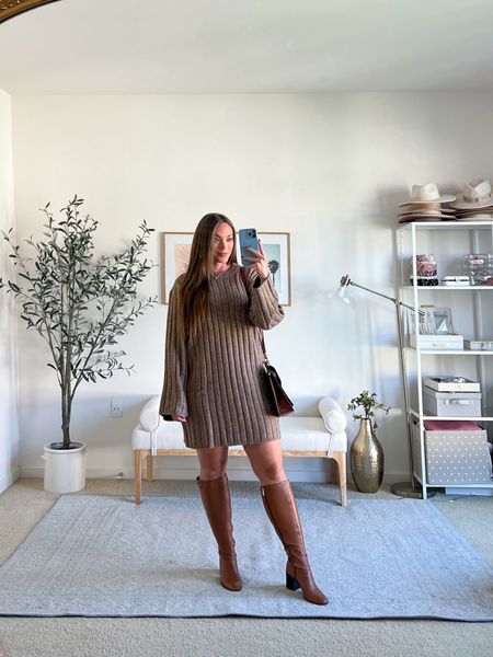 A cozy sweater mini dress to wear all season. I love it with these fitted cognac boots but would also love it with a pair of lug sole boots as well! Wearing a size medium, dress fits true to size! 


#LTKmidsize #LTKfindsunder50 #LTKSeasonal