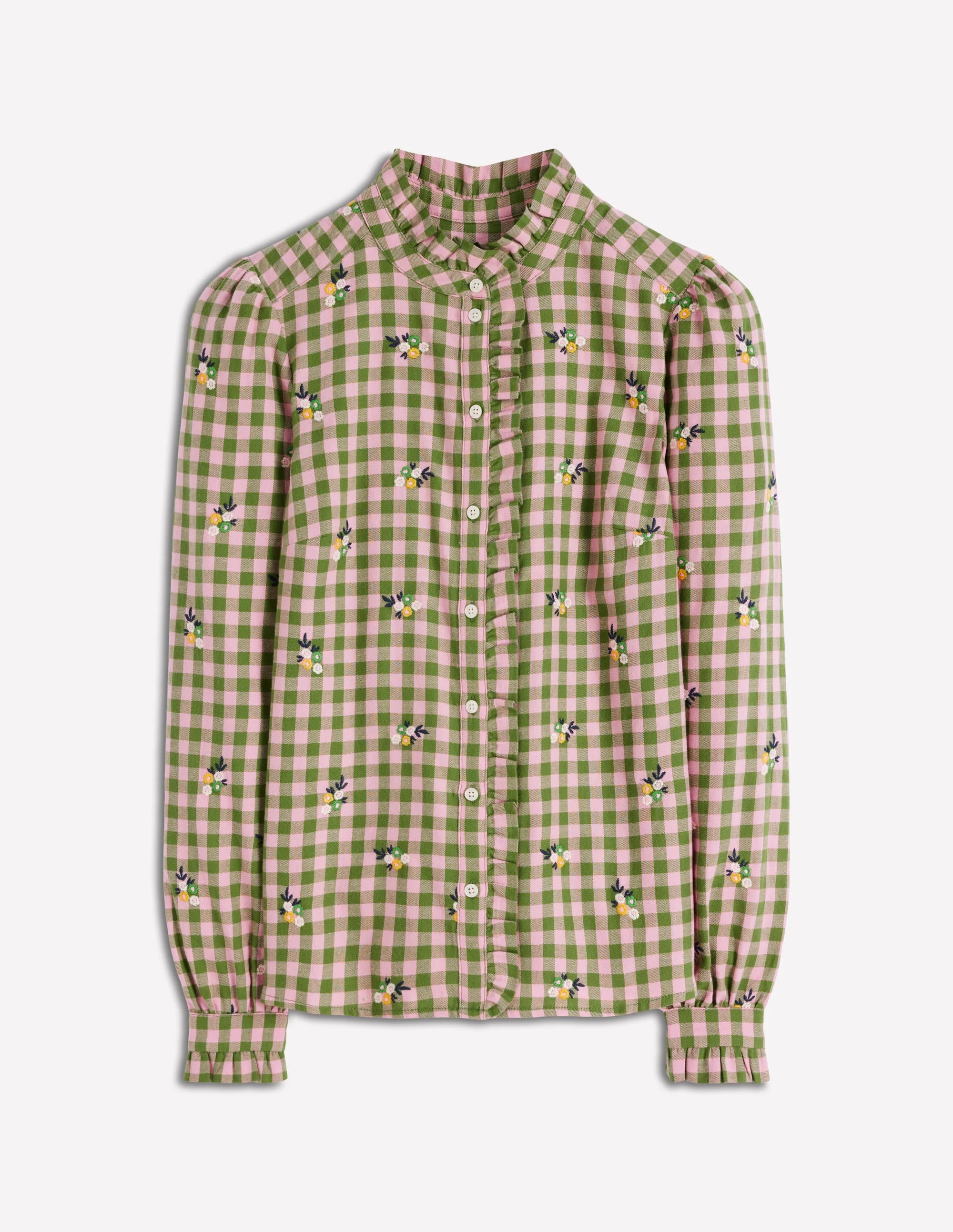 Helena Brushed Cotton Top-Green and Pink Floral Check | Boden (US)