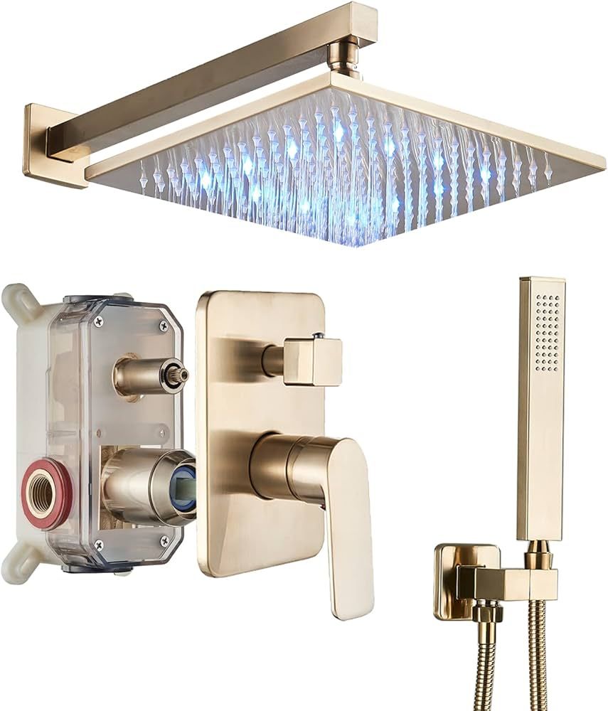 Saeuwtowy Brushed Gold Rain Shower System with 12 Inch LED Shower Head and Brass Handheld with Br... | Amazon (US)