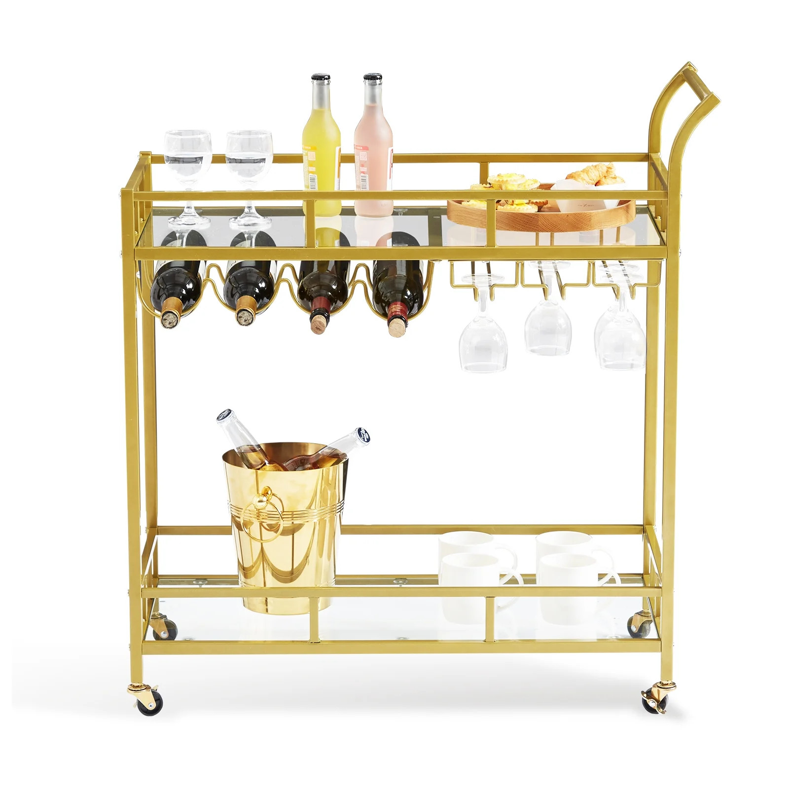 SKYSHALO  with Wine Rack Glass Holder 120 lbs 2 Tiers Gold Metal Bar Serving Cart | Walmart (US)