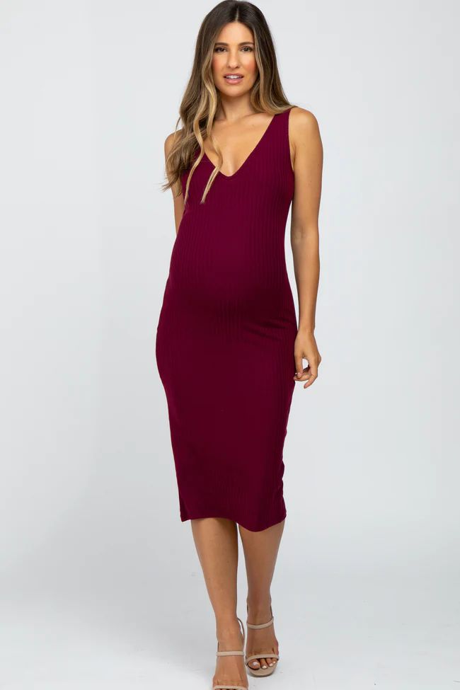Burgundy Sleeveless Ribbed Knit Fitted Maternity Dress | PinkBlush Maternity