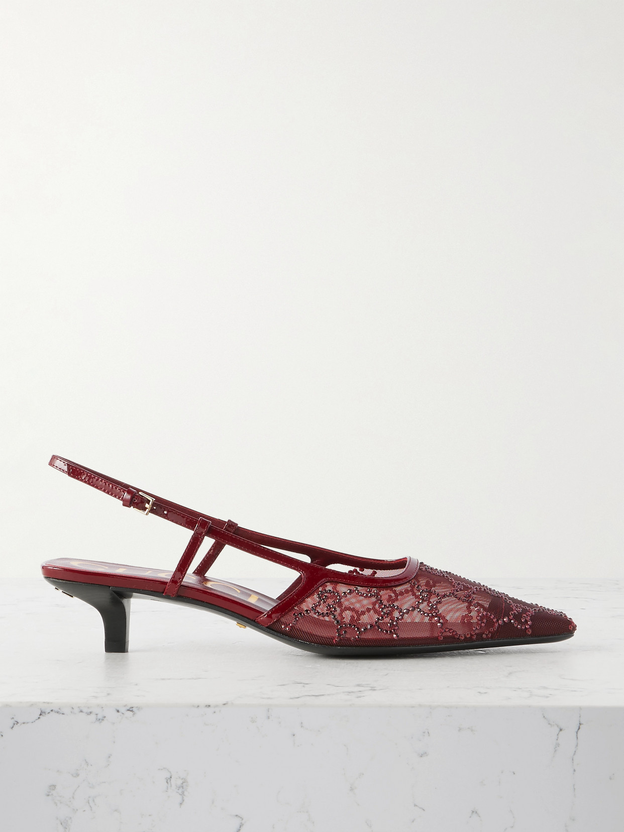 Gucci - Demi Patent Leather-trimmed Crystal-embellished Mesh Slingback Pumps - Burgundy - IT36 | NET-A-PORTER APAC