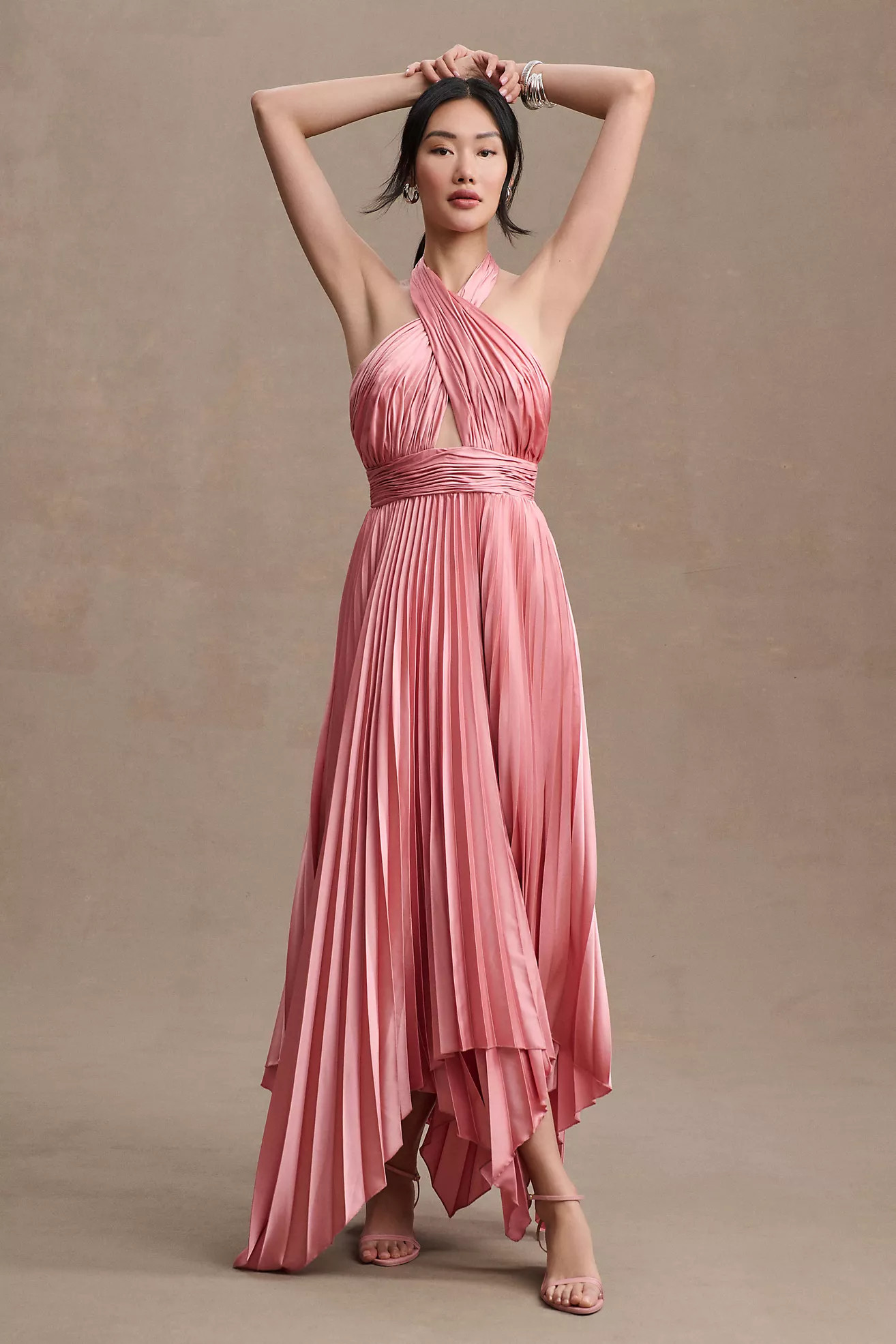 Mac Duggal Pleated A-Line Asymmetrical Halter Gown | Anthropologie (US)
