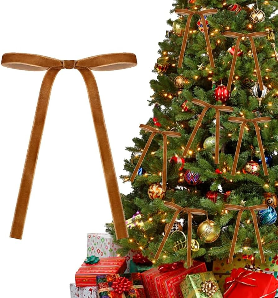 SUQ 12 Pcs Khaki Velvet Christmas Tree Bows Door Garland Decor Vintage Wreath Bow Easy to use (12... | Amazon (US)