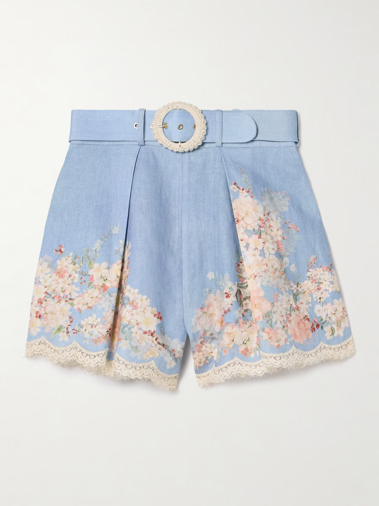 Zimmermann - Cascadian Belted Lace-trimmed Pleated Floral-print Linen Shorts - Blue | NET-A-PORTER (US)