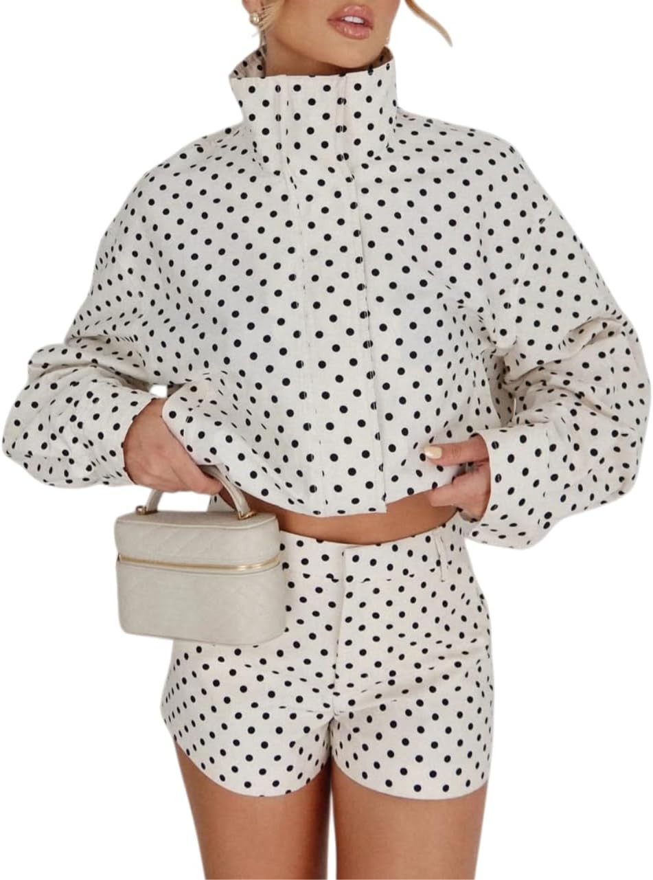 Two Piece Sets for Women Long Sleeve Zip Up Polka Dot Crop Jacket and Shorts Fashion Casual Outfits | Amazon (US)