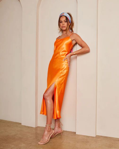 Claire Satin Side Slit Midi Dress - Tangerine | VICI Collection