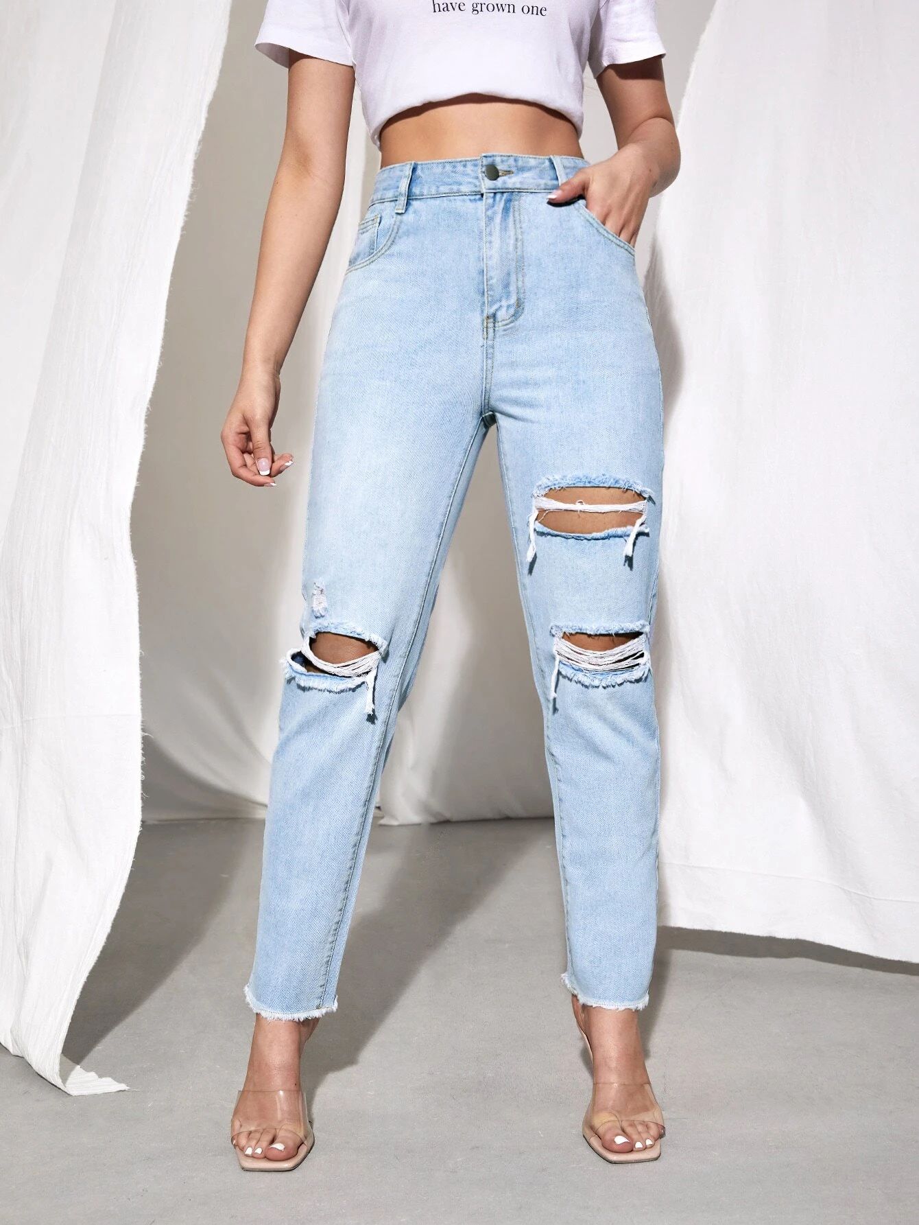 Zipper Fly Ripped Raw Hem Jeans | SHEIN